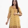 Women's all-over floral printed straight kameez in zoom fabric. Patchwork at V-neck, three-quarter sleeves. Heavy Karchupi at the front.