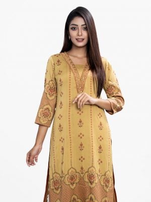 Women's all-over floral printed straight kameez in zoom fabric. Patchwork at V-neck, three-quarter sleeves. Heavy Karchupi at the front.