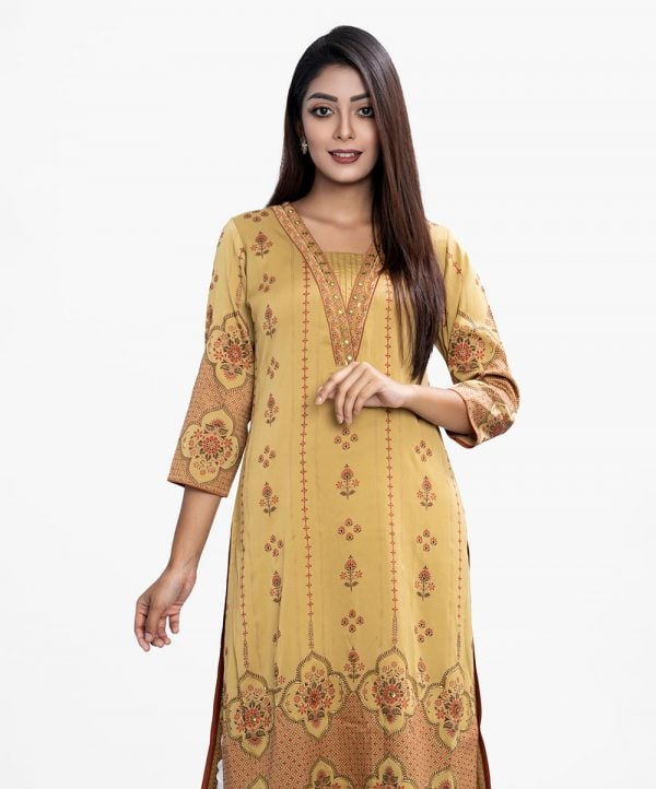 Women's all-over floral printed straight kameez in zoom fabric. Patchwork at V-neck, three-quarter sleeves. Heavy Karchupi at the front.