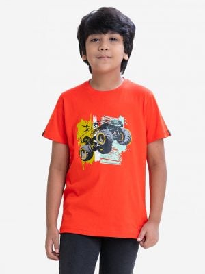 Kid boys t-shirt in cotton single jersey fabric. Crew neck, short sleeves. Print on the chest.