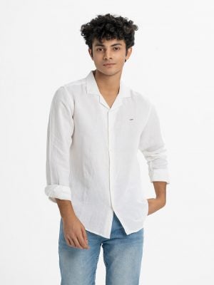 Men's solid color casual shirt in ramie cotton fabric. Classic collar, full sleeves.