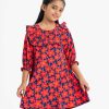 Kid girls floral printed A-line tunic in georgette fabric. Round neck with frill edge, puff-sleeved and two side pockets.