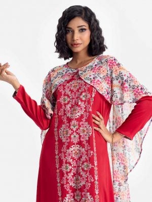 Women's floral printed abaya style cape in georgette fabric. Round neck with karchupi at the front.