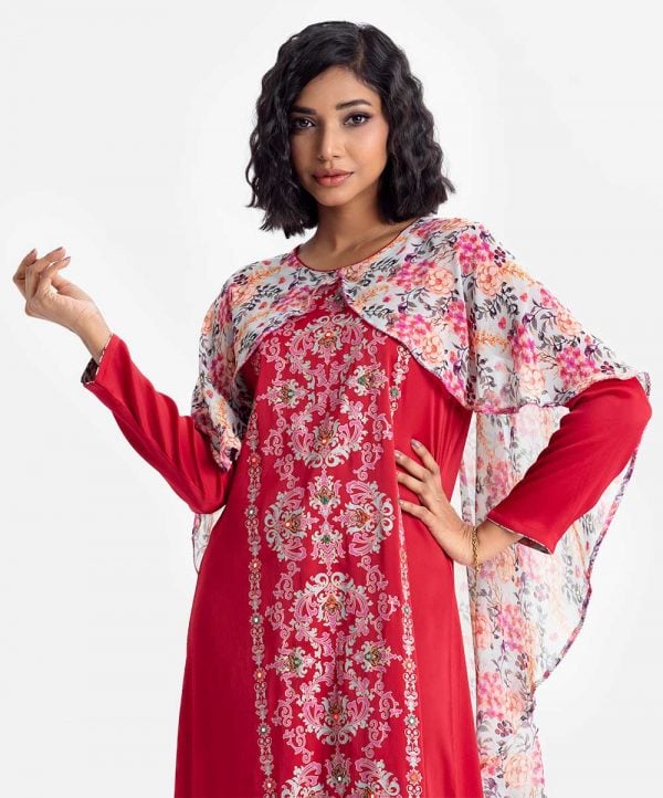 Women's floral printed abaya style cape in georgette fabric. Round neck with karchupi at the front.