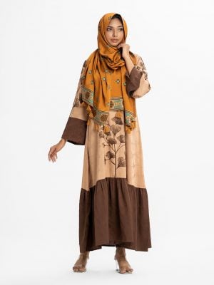 Women's floral printed abaya-style gown in art-silk fabric. Round neck, bell sleeves. Karchupi at front and sleeves.