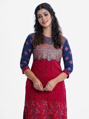 Women's printed straight kameez in zoom fabric. Round neck, three-quarter sleeved. Embroidery at the front.