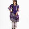 Kid girls printed frock style salwar kameez in viscose fabric. Round neck, puff sleeves and diamond pin tuck at the front of kameez. Palazzo pants and tie-dye chiffon dupatta.