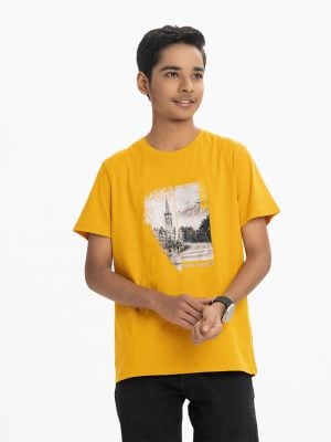 Teen boys short-sleeved t-shirt in cotton single jersey fabric. Mock neck and print at the front.