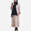 Women's geometric printed abaya with hijab set in zoom fabric. Stand collar, full sleeves. Embroidery patch at the front and sleeves hem.