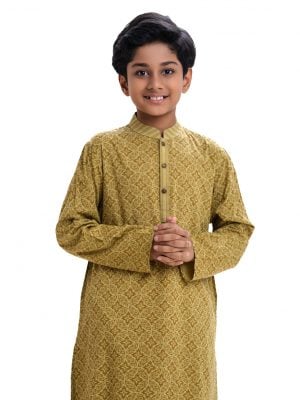 Kid boys ethnic printed panjabi in viscose fabric. Mandarin collar with metal button placket and inseam pockets.