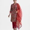 Floral printed exclusive salwar kameez in Muslin & crepe fabric. High neck, three-quarter sleeves and karchupi at the front of kameez. With a muslin dupatta and crepe palazzo pants.