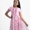 Kid girls elongated frock in georgette fabric. Sleeveless, round neck, frill-trims at the front and waistbelt.