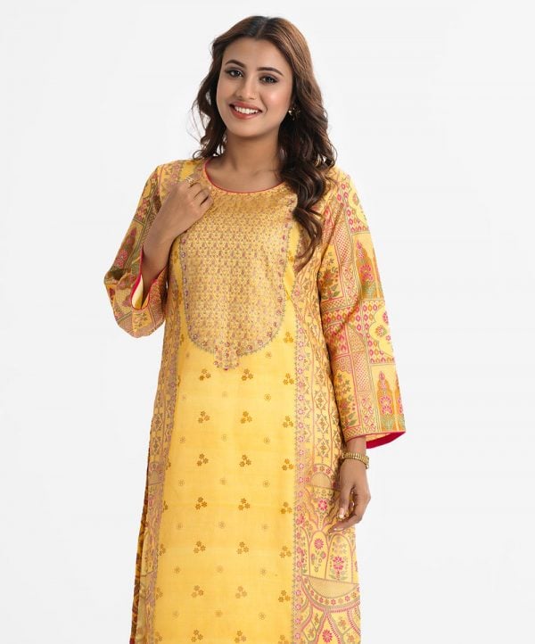 Exclusive printed straight kameez in Mosline from Nargisus by Le Reve. Round neck, three-quarter sleeved. Karchupi at the front and crepe inner.