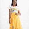 Kids girls yellow and white elongated style frock in georgette fabric. Round neck, short-sleeved. Embroidery and karchupi at the top front and waistbelt.