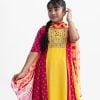 Kids girl A-line salwar kameez in viscose fabric. Round neck, three-quarter sleeved. Embroidery and slit at the front. Completed with palazzo pant and Tie-dye chiffon dupatta