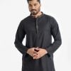 Men's slim fitted panjabi in jacquard fabric. Mandarin collar and inseam pockets. Embroidery work on the collar and placket.