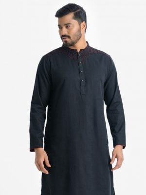 Men's premium panjabi in jacquard cotton fabric. Mandarin collar with metal buttons placket. Karchupi at front.