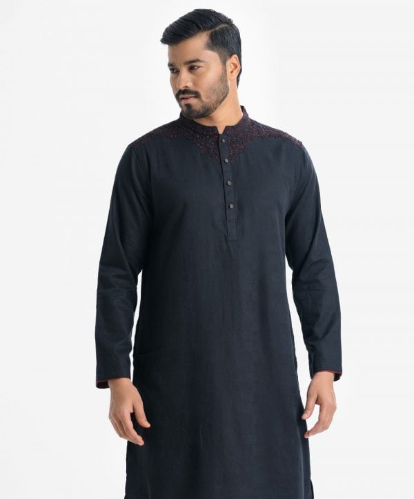 Men's premium panjabi in jacquard cotton fabric. Mandarin collar with metal buttons placket. Karchupi at front.