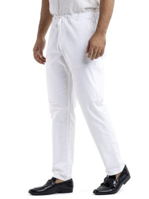 Men's slim-fitted pant pajama in cotton fabric. Two zipper fly side pockets and two back pockets. Concealed elasticated waistline with adjustable drawstring.