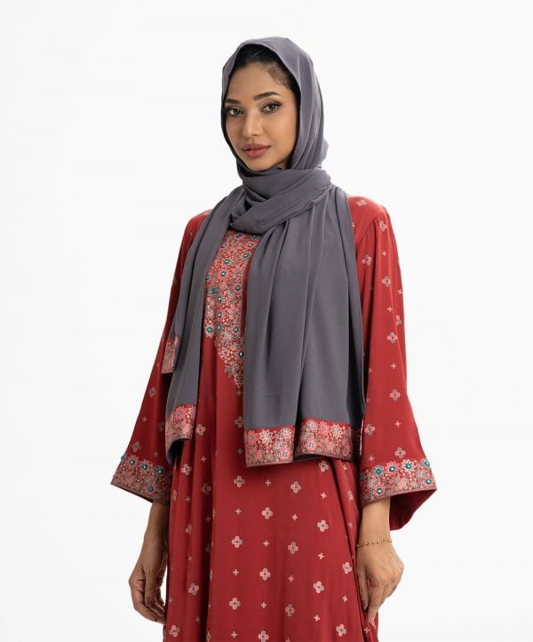 Women's ethnic printed abaya with hijab set in joom fabric. Round collar, full sleeves. Georgette fabric hijab with tassel ties.