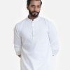 Men's semi fitted panjabi in cotton fabric. Mandarin collar, full sleeves. Inseam pockets. Embroidery at front.