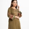 Women's A-line kameez in zoom fabric. Round neck, long-sleeved. Karchupi at the front.