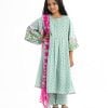 Kids girls salwar kameez in crepe fabric. Round neck, bell- sleeved. gathered waistline and karchupi at the front kameez. Cullots pant and Tie-dye chiffon dupatta