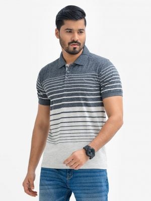 Men's stripes polo shirt in mercerized cotton fabric. Classic collar with button placket and short sleeves.