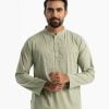 Men's slim-fitted panjabi in blended cotton fabric.Mandarin collar and inseam pockets. Embroidery and karchupi at the front.