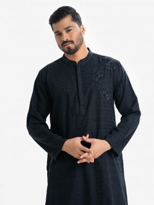 Men's Premium Panjabi in jacquard cotton fabric. Mandarin collar with hidden buttons placket. Karchupi at front.