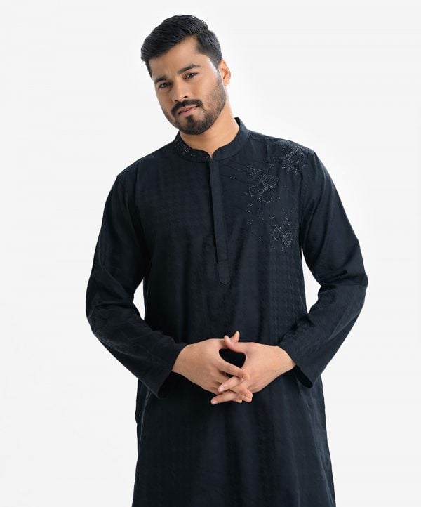 Men's Premium Panjabi in jacquard cotton fabric. Mandarin collar with hidden buttons placket. Karchupi at front.