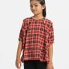 Kid girls plaid check kaftan style tunic in georgette fabric. Round neck, batwing sleeves and high low hem.