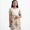 Kid girls retro wrap pattern frock in georgette fabric. Round neck, puff-sleeved. Cut and sew at the front and waist belt.