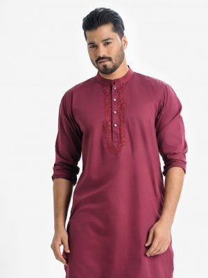 Men's solid color premium panjabi in cotton fabric. Mandarin collar with metal buttons placket. Karchupi at front.