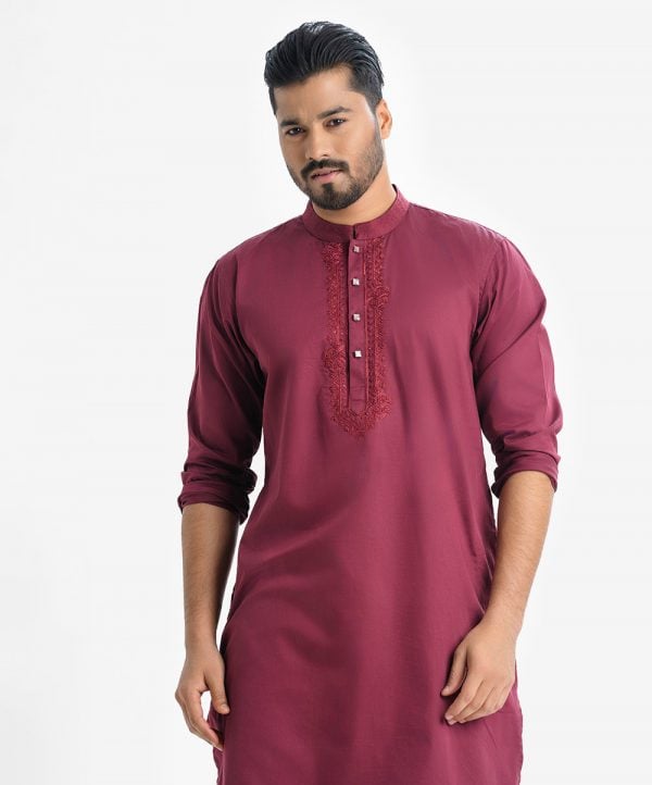 Men's solid color premium panjabi in cotton fabric. Mandarin collar with metal buttons placket. Karchupi at front.