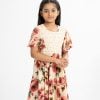 Kid girls elongated hem frock in georgette fabric. Butterfly sleeves, round neck. Diamond pin-tuck at the front with waistbelt.