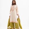 Women's printed straight salwar kameez in joom fabric. Round neck, bell-sleeves and karchupi at front. complemented with crepe pant and a half-silk dupatta.