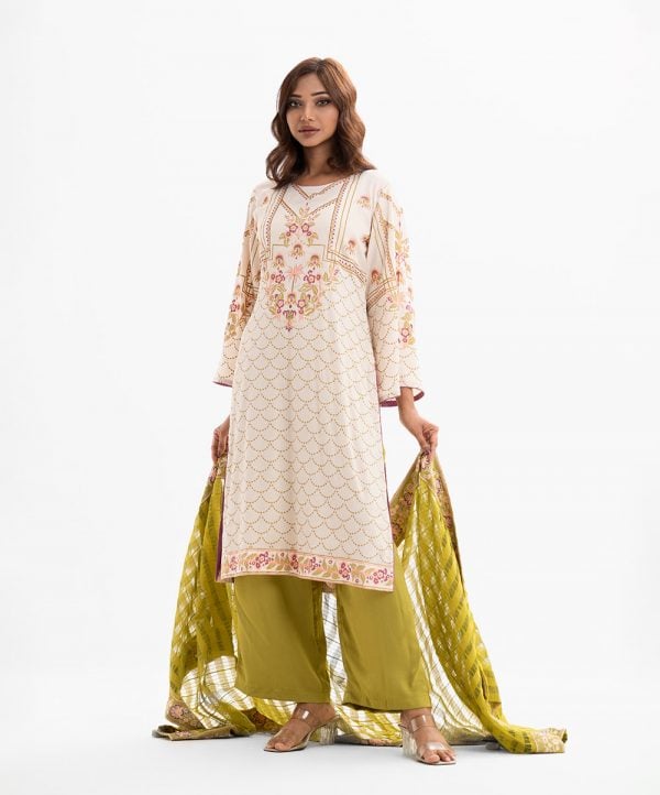 Women's printed straight salwar kameez in joom fabric. Round neck, bell-sleeves and karchupi at front. complemented with crepe pant and a half-silk dupatta.