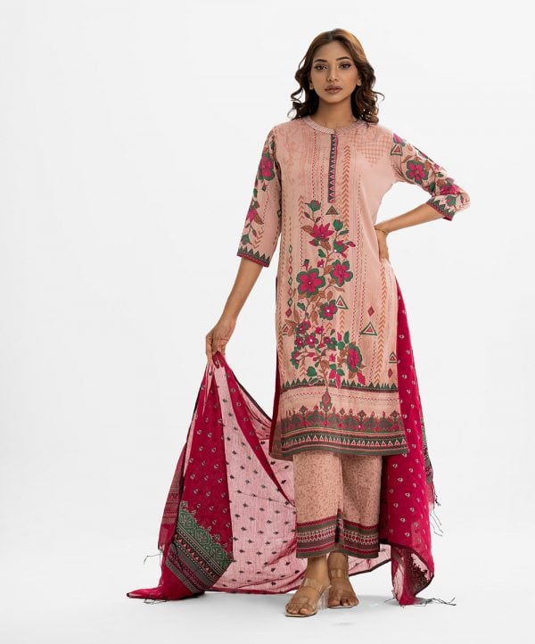Women's printed straight salwar kameez in joom fabric. Stand collar, three-quarter sleeves and karchupi at the front. Paired with a joom palazzo pant and a half-silk dupatta.
