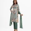 Women's printed straight salwar kameez in jacquard fabric. Round neck, three-quarter sleeves and karchupi at the front. Complemented with viscose pant and tie-dye dupatta.