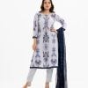 Women's printed straight salwar kameez in joom fabric. Round neck, three-quarter sleeves and karchupi at the front. Paired with crepe pant and a half-silk dupatta.