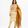 Women's printed straight salwar kameez in crepe fabric. Round neck, three-quarter sleeves and karchupi at the front. Paired with crepe pant and a half-silk dupatta.